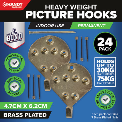 Handy Hardware 24PCE Picture Hooks Brass Plated Holding Capacity 30-75kg