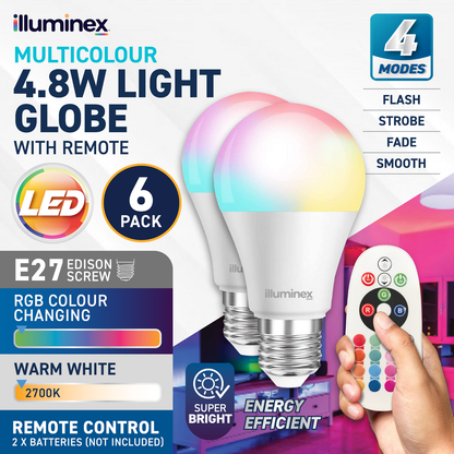 illuminex 6PCE 4.8W Edison Screw LED RGB/Warm White Globe Remote Controlled