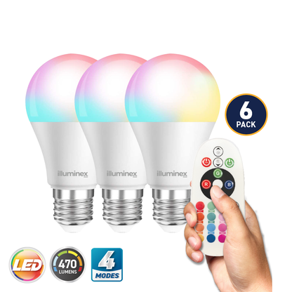 illuminex 6PCE 4.8W Edison Screw LED RGB/Warm White Globe Remote Controlled