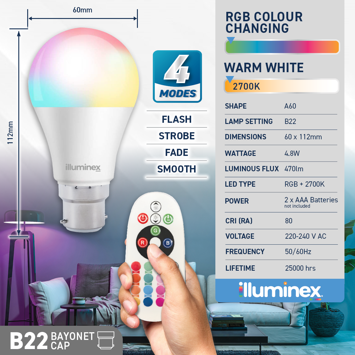 illuminex 6PCE 4.8W Bayonet Cap LED RGB/Warm White Globe Remote Controlled