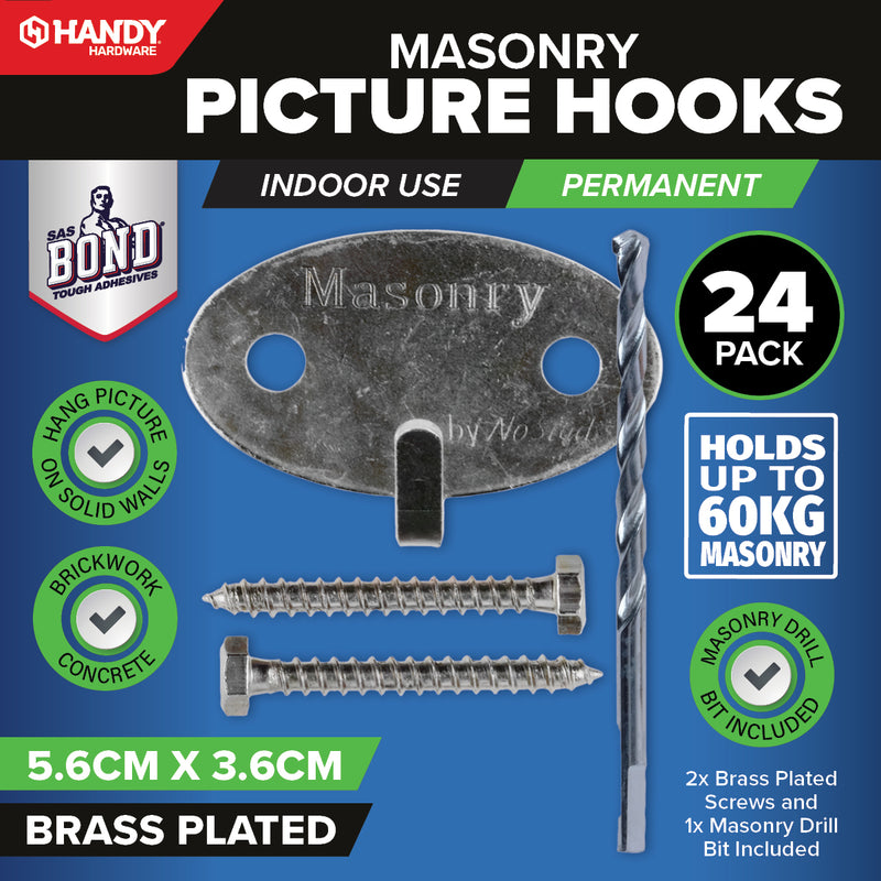 Handy Hardware 24PCE Masonry Picture Hook Drill Bit Included 60kg Hold