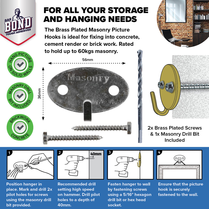 Handy Hardware 24PCE Masonry Picture Hook Drill Bit Included 60kg Hold