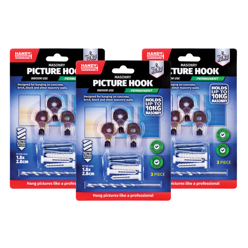 Handy Hardware 72PCE Masonry Picture Hooks Drill Bit Included 10kg Hold