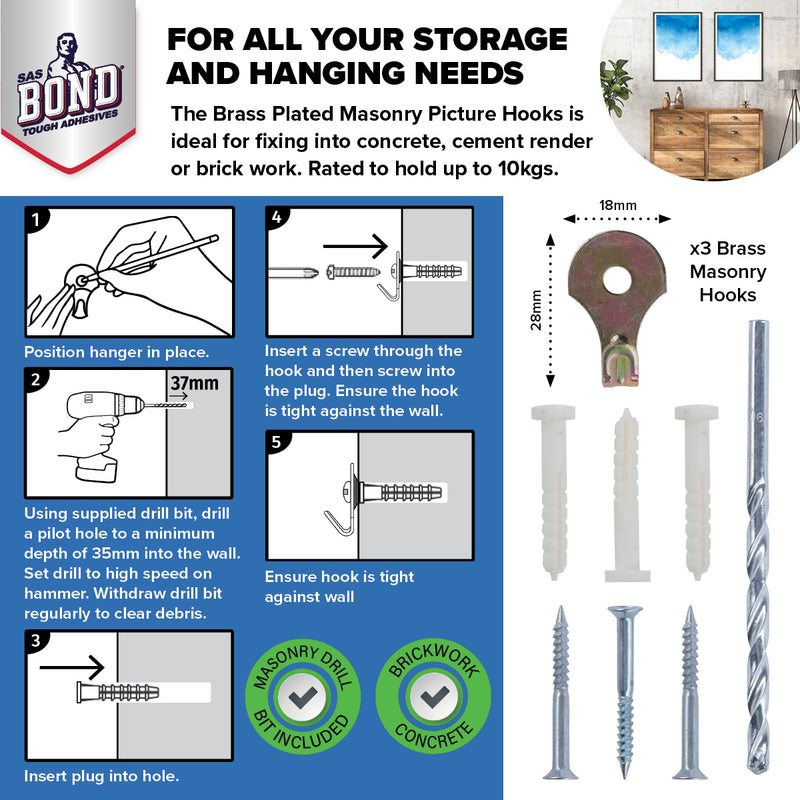 Handy Hardware 72PCE Masonry Picture Hooks Drill Bit Included 10kg Hold