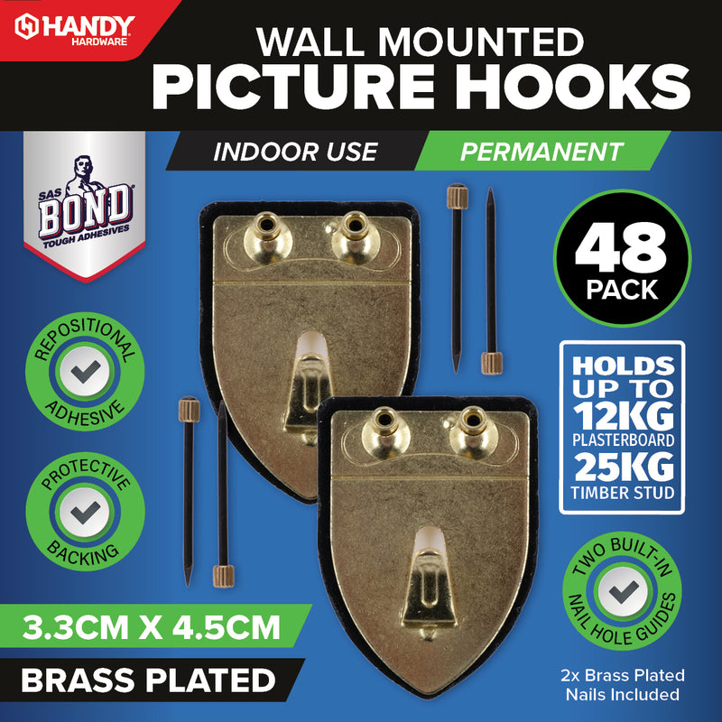 Handy Hardware 48PCE Picture Hooks Brass Plated Holding Capacity 12-25kg