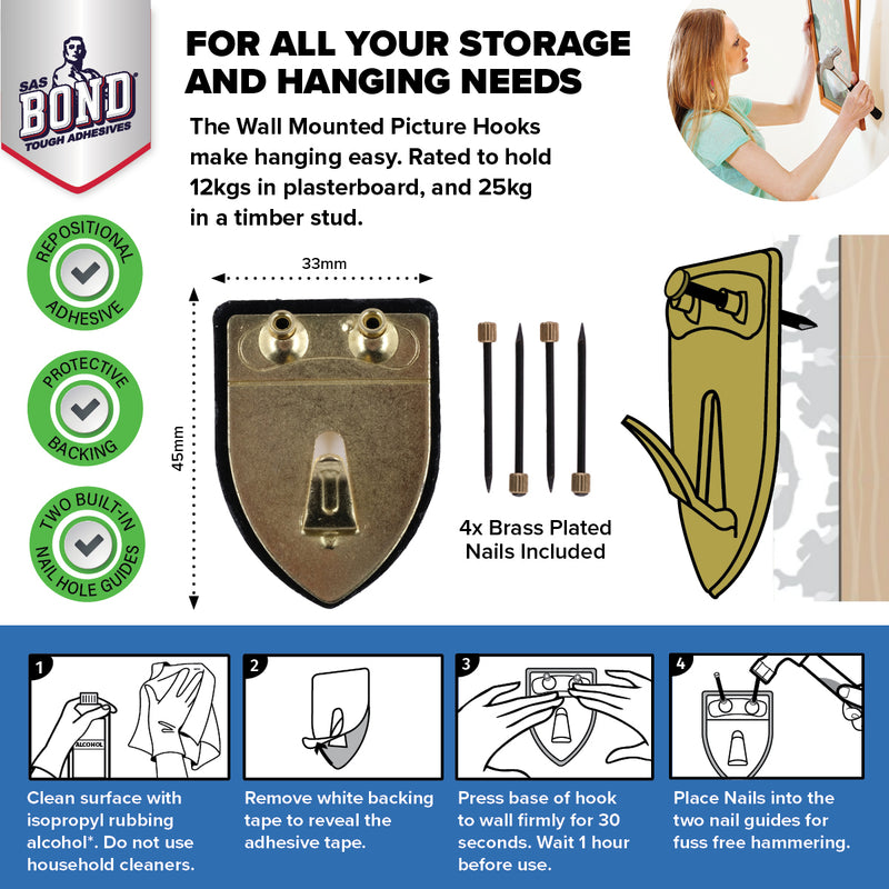 Handy Hardware 48PCE Picture Hooks Brass Plated Holding Capacity 12-25kg