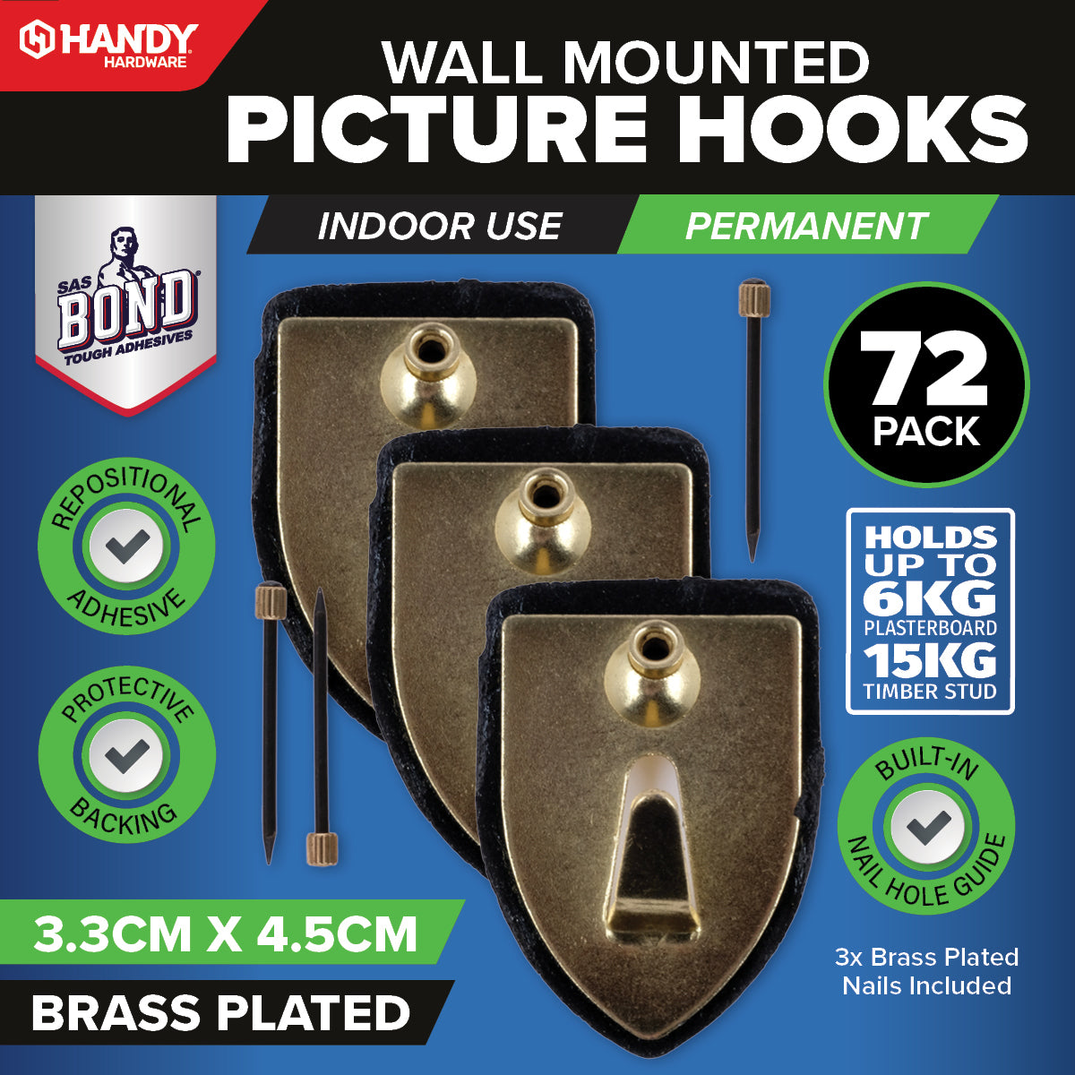 Handy Hardware 72PCE Picture Hooks Brass Plated Holding Capacity 6-15kg