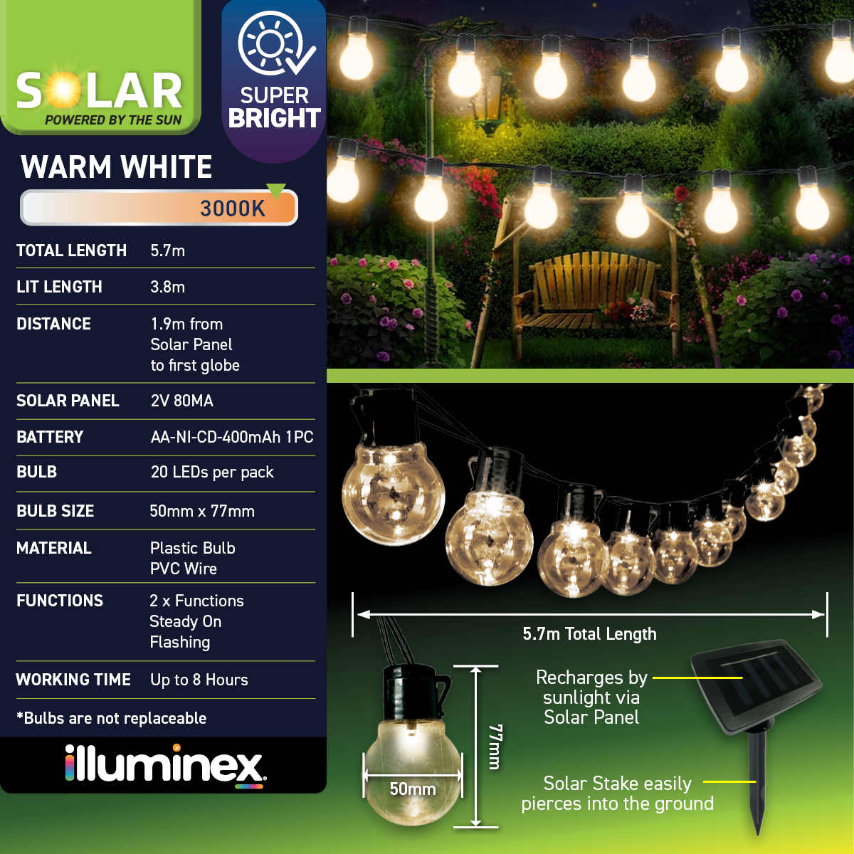 illuminex 6PCE Solar Festoon LED Lights Warm White Weatherprooof 2 Mode 5.7m