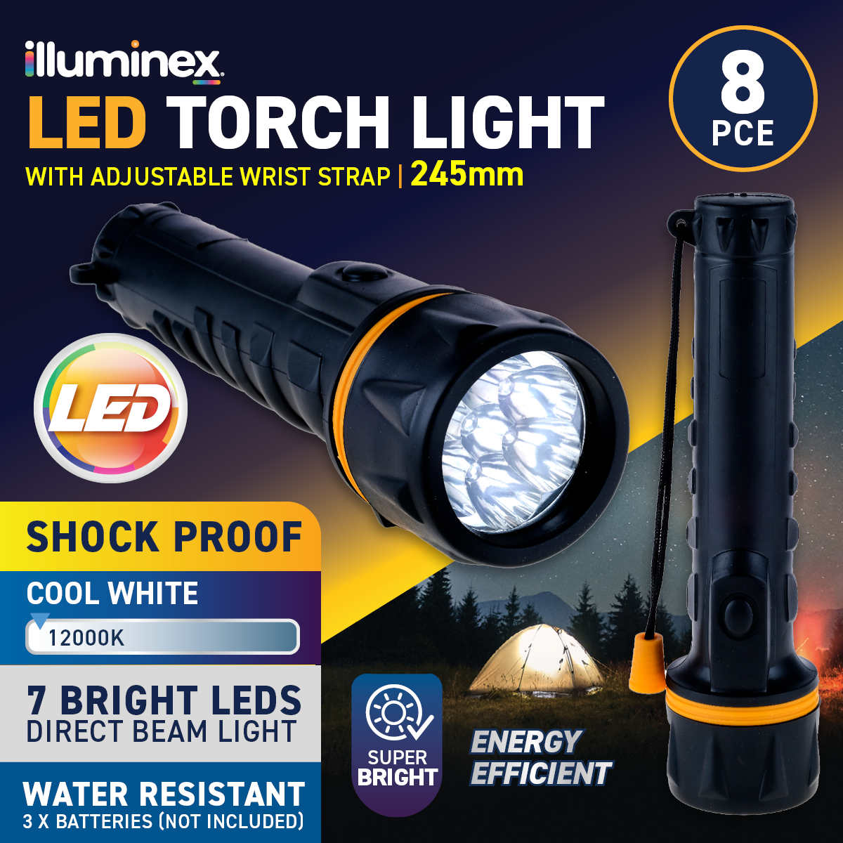 illuminex 8PCE LED Torch Water & Shock Resistant Cool White 245mm