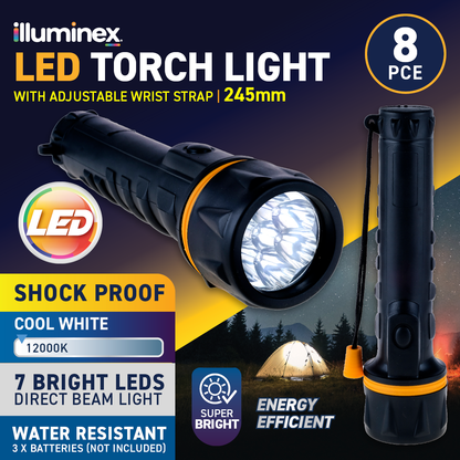 illuminex 8PCE LED Torch Water & Shock Resistant Cool White 245mm