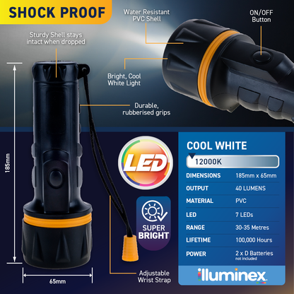 illuminex 8PCE LED Torch Water & Shock Resistant Cool White 185mm