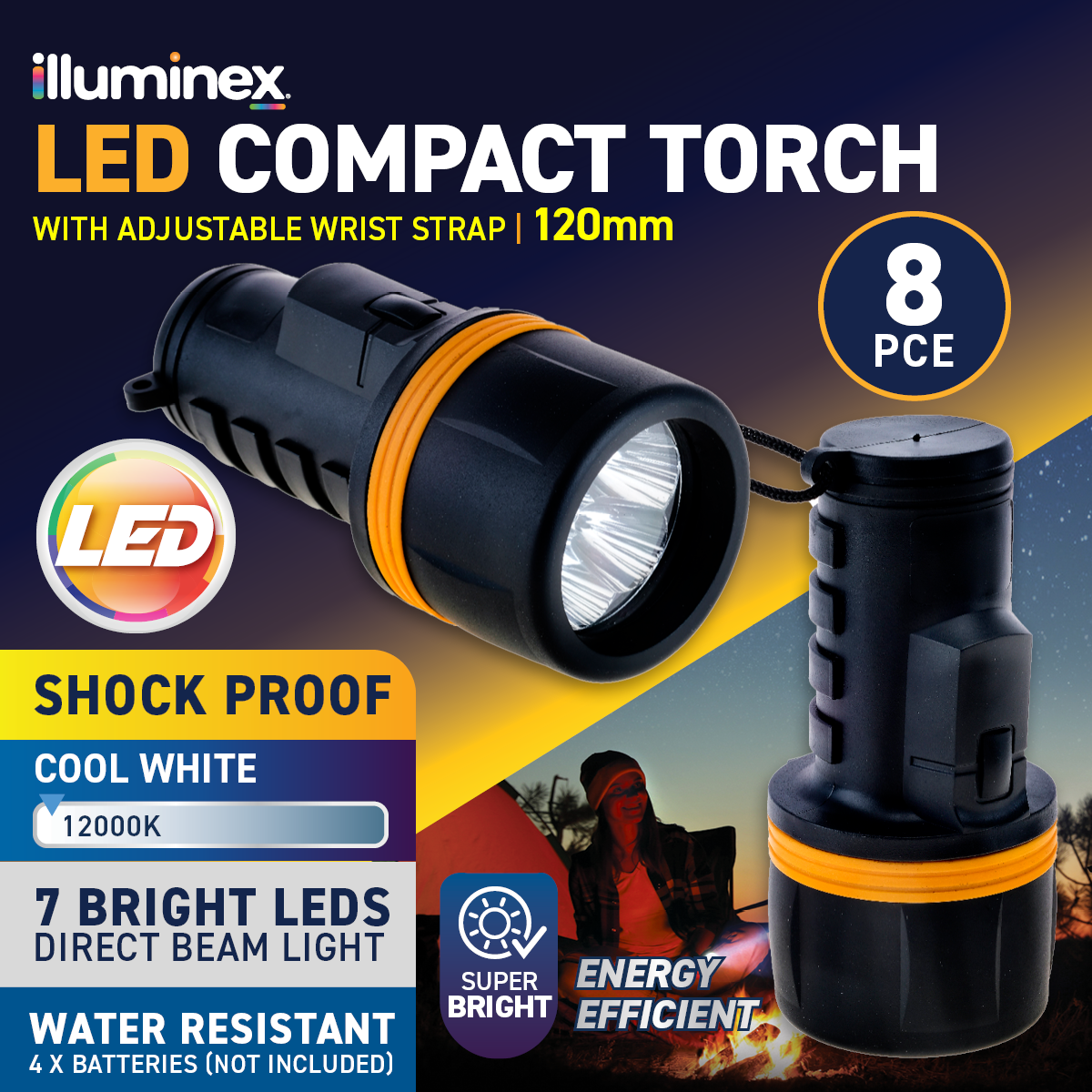 illuminex 8PCE LED Torch Water & Shock Resistant Cool White 120mm