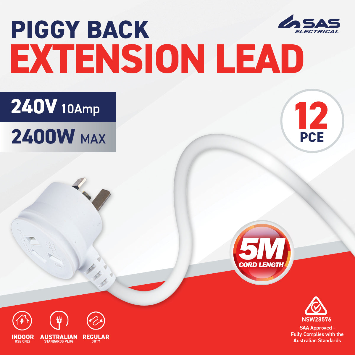 SAS Electrical 3M Piggy Back Extension Lead Heavy Duty Flexible 240 Volts