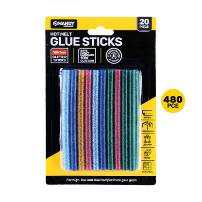 Handy Hardware 480PCE Glitter Hot Melt Glue Sticks Vibrant Colours 100 x 7mm