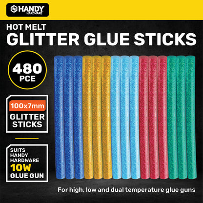 Handy Hardware 480PCE Glitter Hot Melt Glue Sticks Vibrant Colours 100 x 7mm