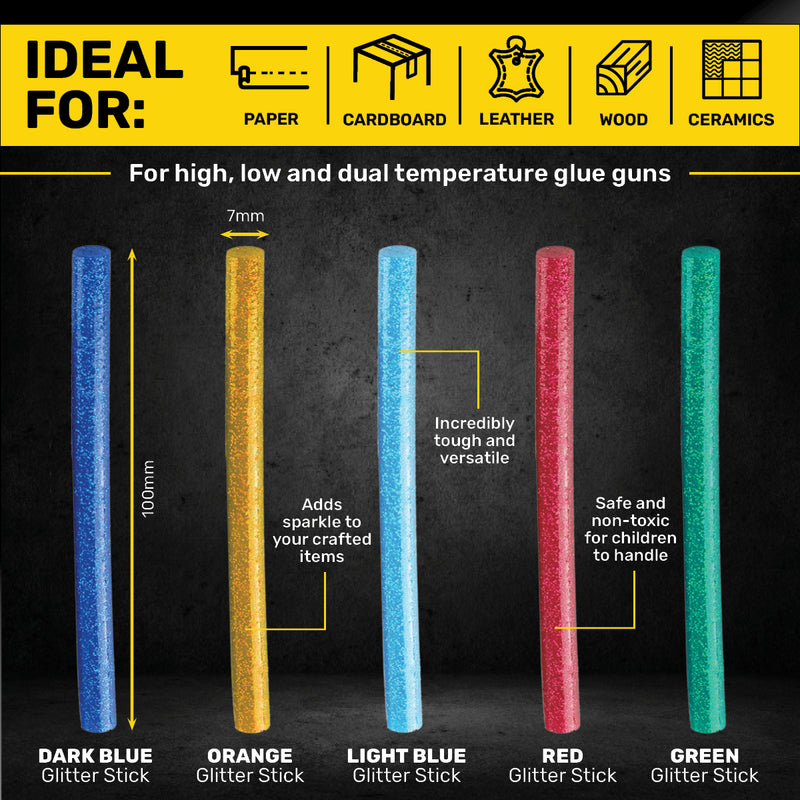 Handy Hardware 480PCE Glitter Hot Melt Glue Sticks Vibrant Colours 100 x 7mm