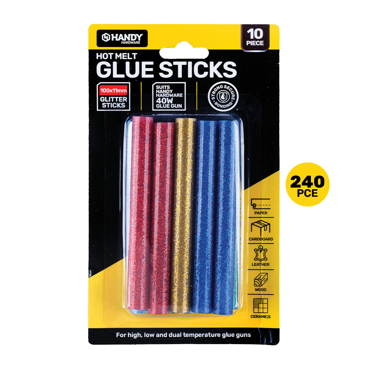 Handy Hardware 240PCE Glitter Hot Melt Glue Sticks Vibrant Colours 100 x 11mm