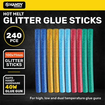 Handy Hardware 240PCE Glitter Hot Melt Glue Sticks Vibrant Colours 100 x 11mm