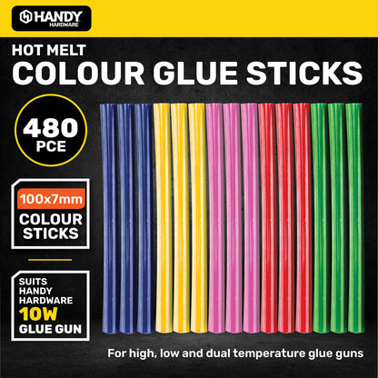 Handy Hardware 480PCE Coloured Hot Melt Glue Sticks Vibrant Colours 100 x 7mm