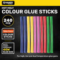 Handy Hardware 240PCE Coloured Hot Melt Glue Stick Vibrant Colours 100 x 11mm