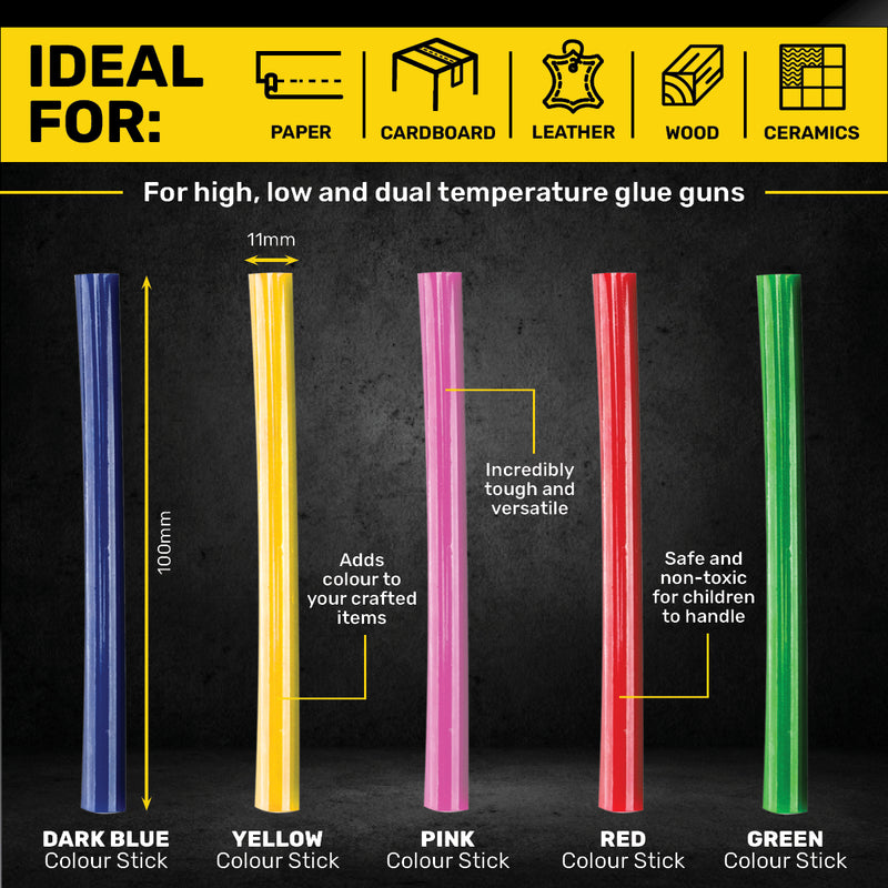 Handy Hardware 240PCE Coloured Hot Melt Glue Stick Vibrant Colours 100 x 11mm