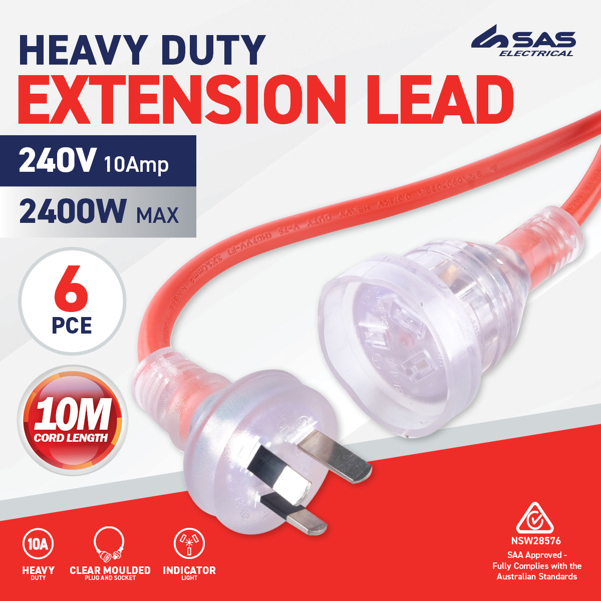 SAS Electrical 6PCE 10m Extension Lead Indicator Light Heavy Duty 240V 10amp