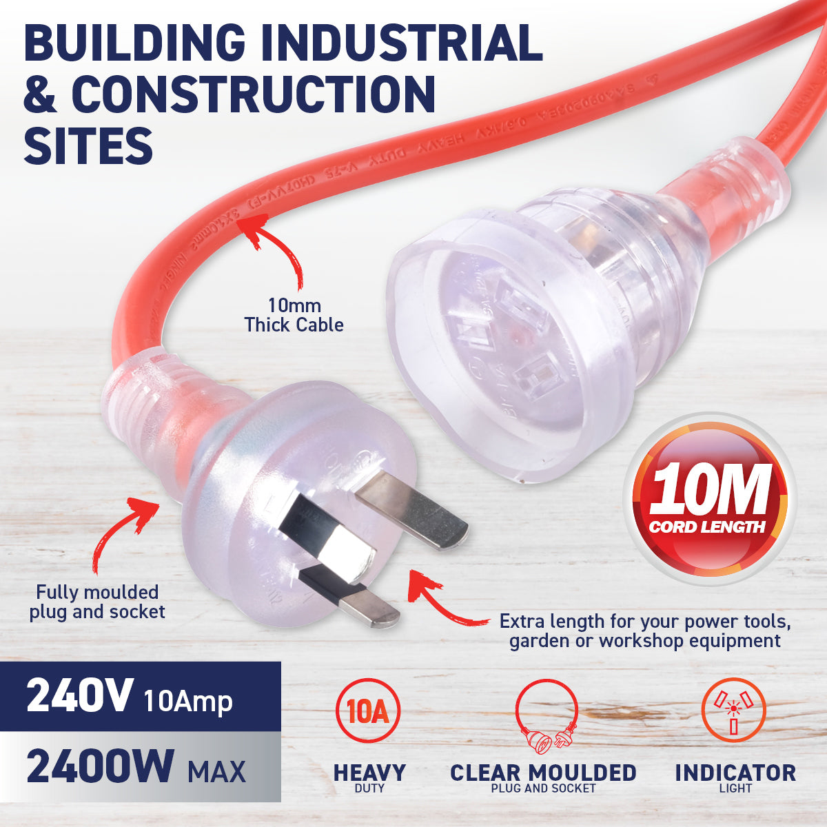 SAS Electrical 6PCE 10m Extension Lead Indicator Light Heavy Duty 240V 10amp