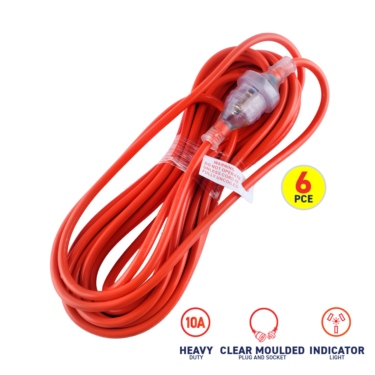 SAS Electrical 6PCE 10m Extension Lead Indicator Light Heavy Duty 240V 10amp