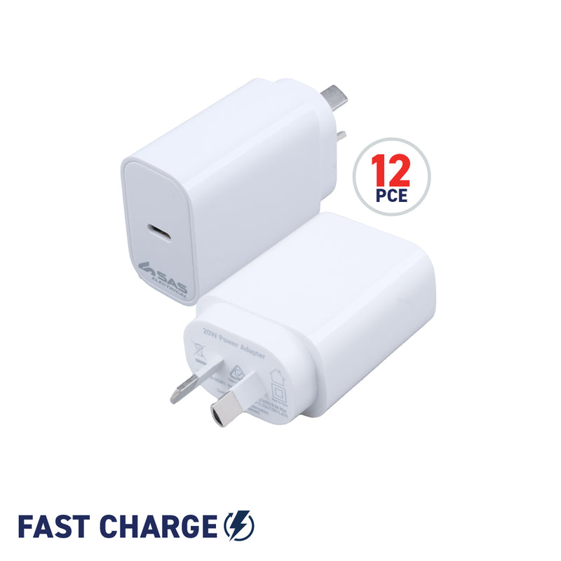 SAS Electrical 12PCE 20W USB-C Wall Charger Apple Samsung Google Fast Charge