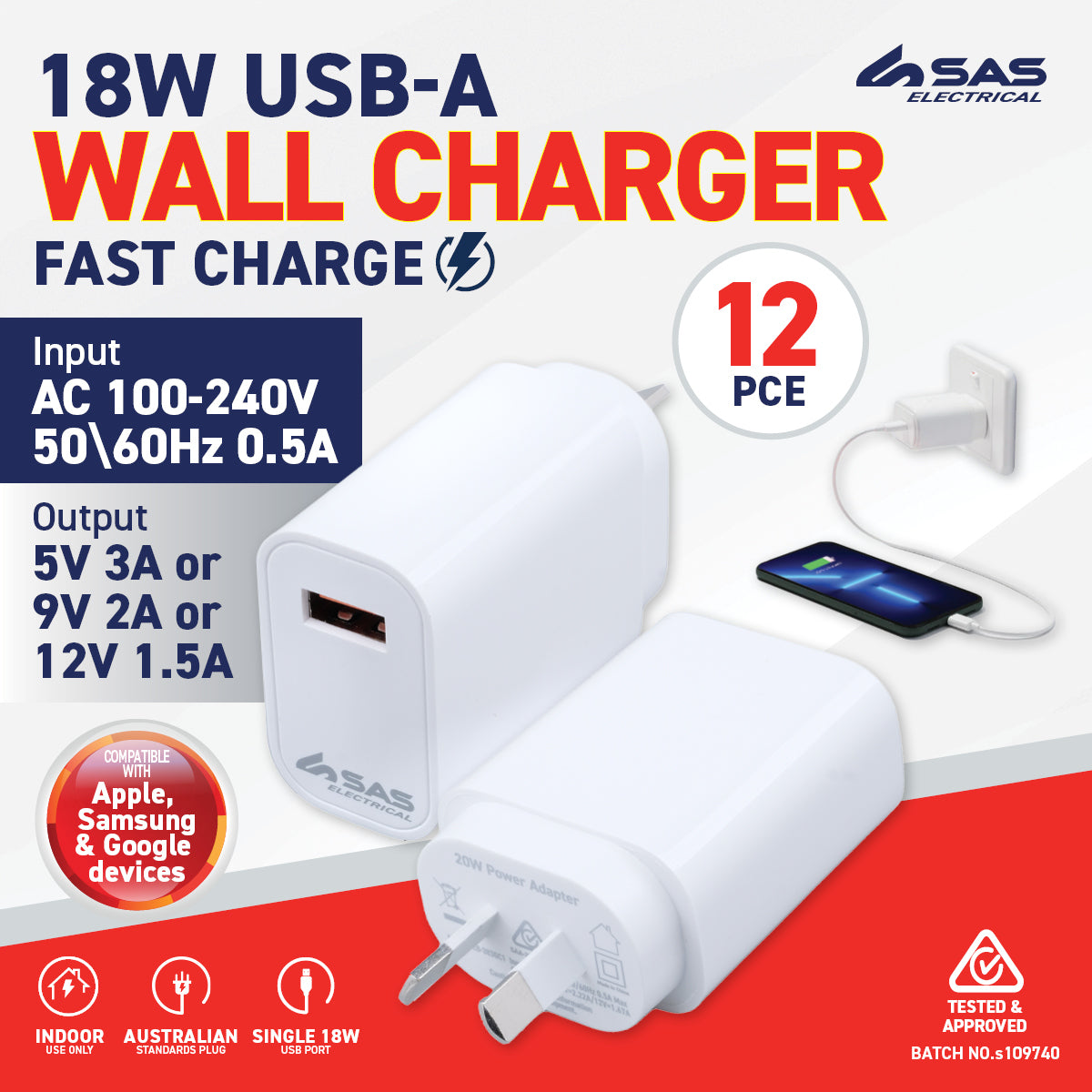 SAS Electrical 12PCE 18W USB-A Wall Charger Apple Samsung Google Fast Charge