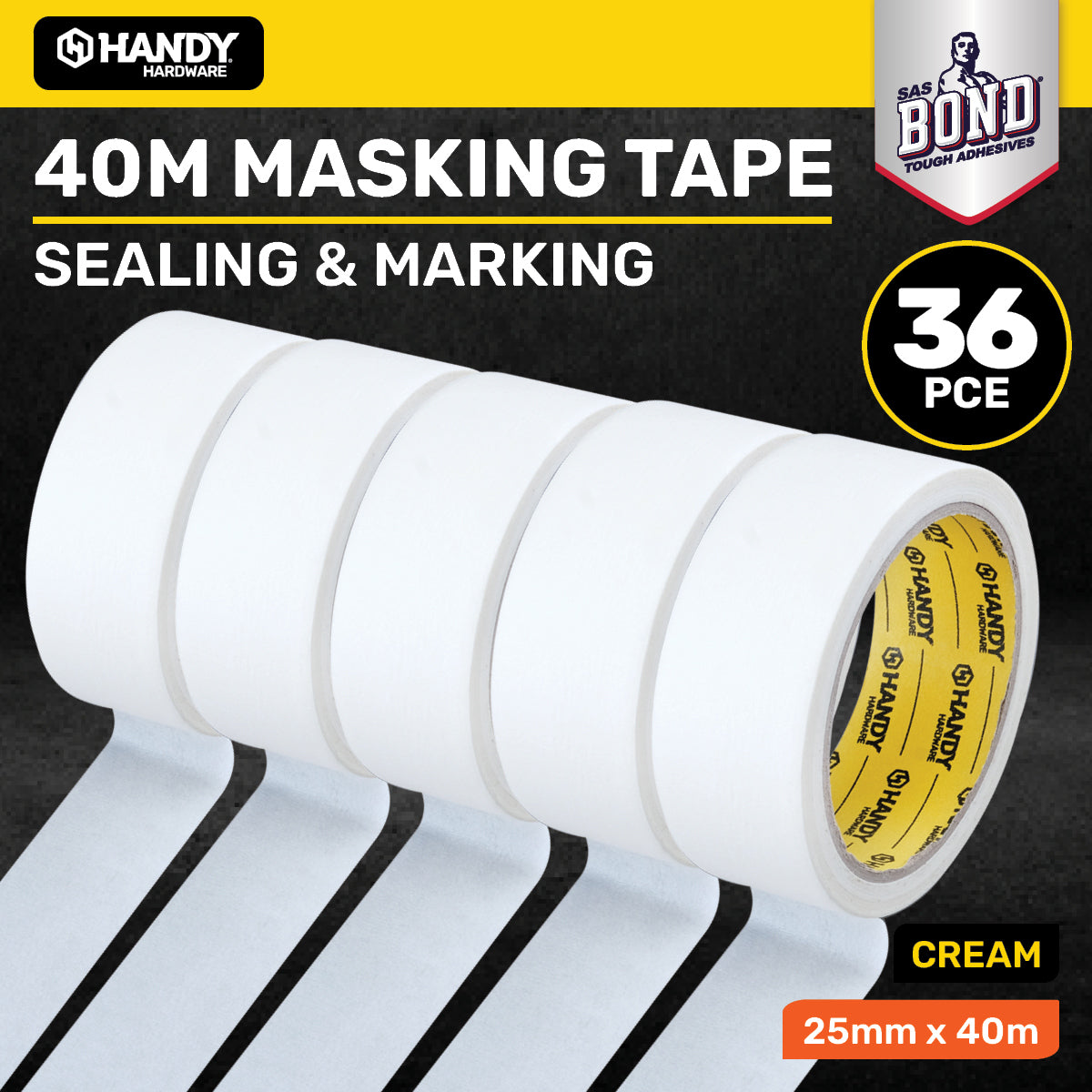 Handy Hardware 36PCE 40m Masking Tape Cream Instant Multipurpose Adhesion