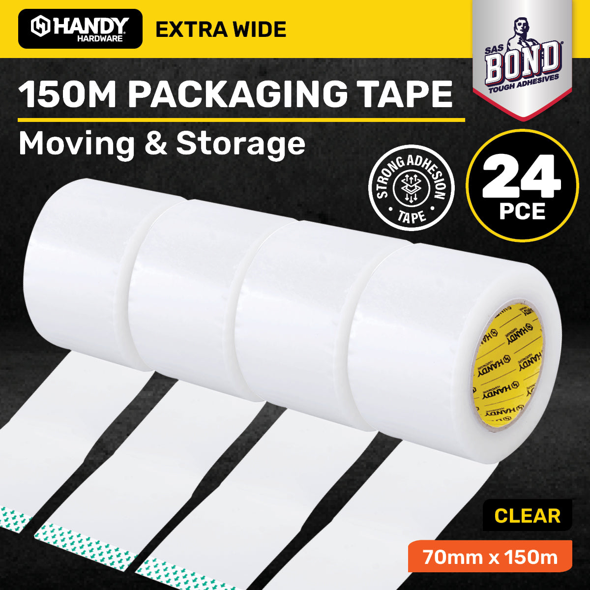 Handy Hardware 24PCE Packaging Tape Clear Multipurpose Extra Wide 150m x 70mm