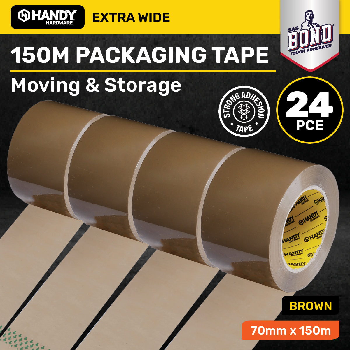 Handy Hardware 24PCE Packaging Tape Brown Multipurpose Extra Wide 150m x 70mm