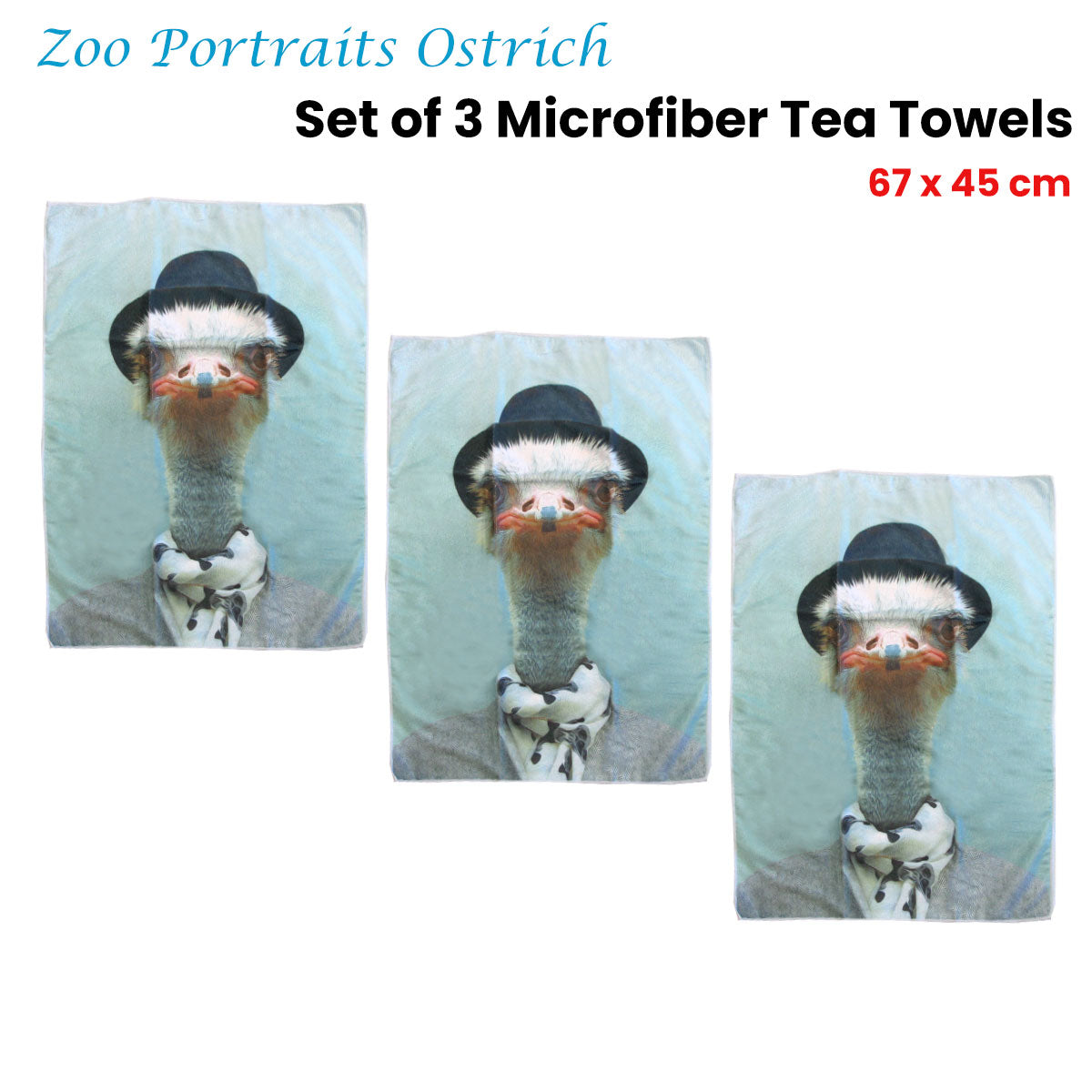 Set of 3 Zoo Portraits Microfiber Tea Towels Ostrich 67 x 45 cm